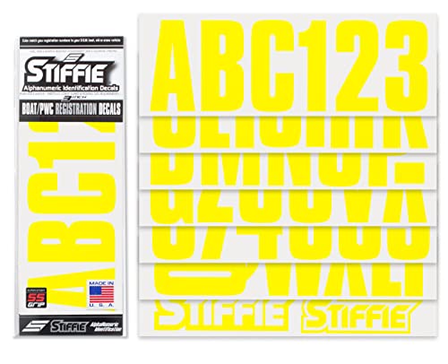 Image of Stiffie UNILINE 3 inch Alpha-Numeric Registration Identification Numbers Stickers Decals for Boats & Personal Watercraft (Yellow Crush Super Sticky)