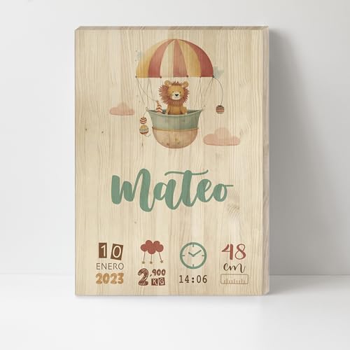 Natalicio de madera para bebés personalizado Globo León con nombre, regalo para recién niños nacidos personalizado con datos de bebé nombre fecha peso nacimiento pino tamaño 20x30 (Globo León)
