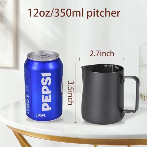 Milk Frothing Pitcher, 12OZ/350ML Stainless Steel Espresso Steaming Pitcher Coffee Milk Frother Cup with Decorating Art Pen for Espresso Machine, Milk Frother, Latte Art Black - Thumbnail 3