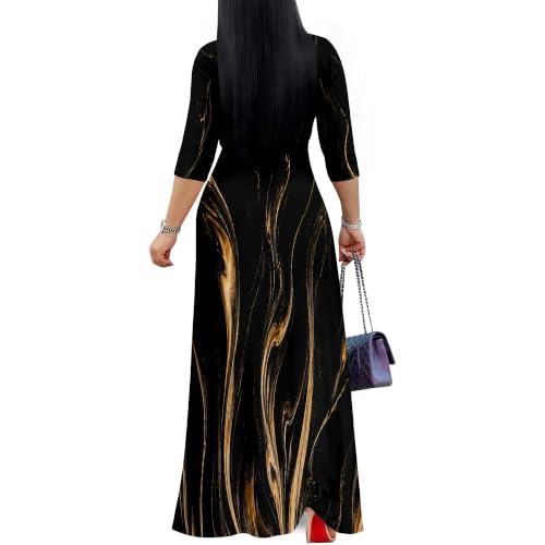 Image of Plus Size Maxi Dress for Women V Neck 3 /4 Sleeve Wrap Dress Black Gold XXL | Black Gold Floral Women's Maxi Dress