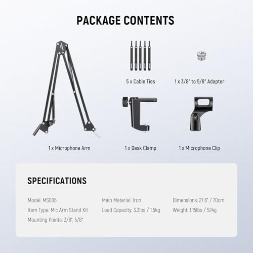 Image of NEEWER Microphone Arm Stand, Suspension Scissor Boom Mic Arm Desk Mount with Clip & 3 /8 inch to 5 /8 inch Adapter Compatible with Blue Yeti Snowball HyperX QuadCast SoloCast Shure, Max Load 3.3 lbs, MS006