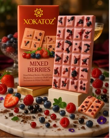 Image of XOKATOZ Exotic Premium Couverture Belgian Chocolate - 1 Mixed Berries Flavoured White Chocolate Bar - Gift set - Pack of 1, 75g (75g x 1)