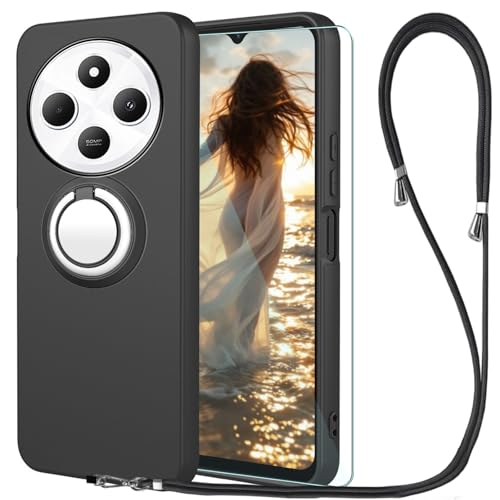 CAXKJE Lanyard Case+ [1 Pack] Screen Protector with Stand for Xiaomi Poco C75,Black Silicone Cover,Soft TPU Protective Cases,Anti-Slip,Anti Scratch,Full Body Armour Phone Covers - Black -L6