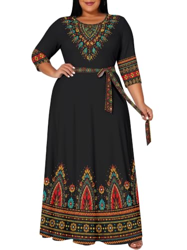 EQQZD Plus Size Maxi Dress 3/4 Sleeve Belted with Pockets Heritage Event