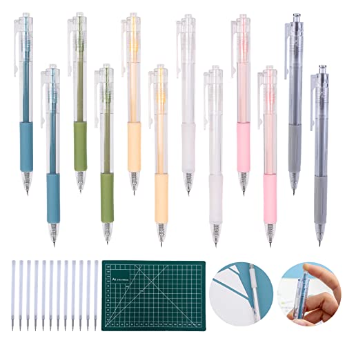 Cartoon Pattern Student Utility Knife Pen: 12 Pcs Carving Craft Knife+12 Pcs Replacement Core With Cutting Mat, Carving Pen Knife Retractable Precision Paper Cutting Carving Tools #TOP18