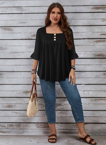 Plus Size Womens Blouses 3/4 Flutter Sleeve Square Neck Tunic Shirts Button Business Work Fall Tops 2025(XL-5XL)