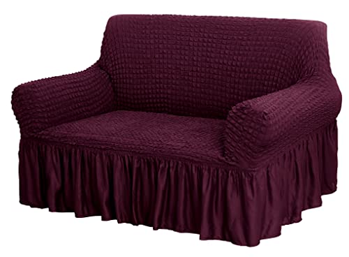 Image of House of Quirk Turkish Bubble Frill 280 GSM Sofa Slipcovers, Durable Washable Universal Double Seater High Elastic Furniture Protector (Wine, 145-185cm)