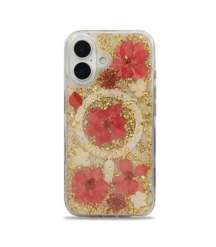 Image of Mag Flower Series Case for iPhone 16 Compatible with Wireless Charging | Real Dried Flower Embedded Design | Slim Transparent Shockproof Back Cover | Red Edition