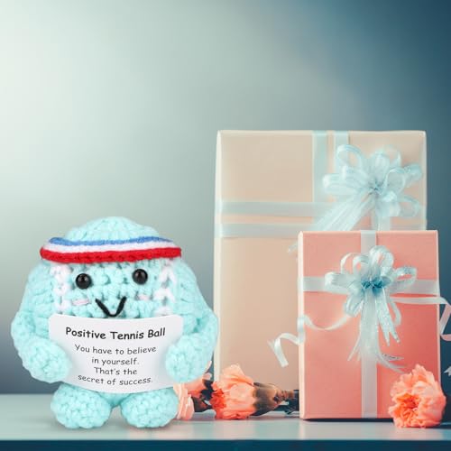 Image of TOYMIS Positive Tennis Ball, Adorable Handmade Knitted Positive Tennis Ball with Encouragement Card Funny Crochet Inspirational Doll for Party Favor & Office Home Decor