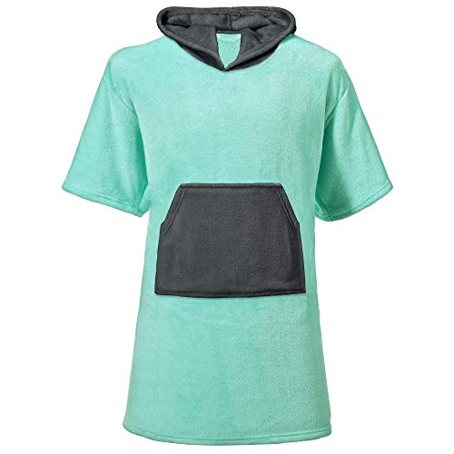 CelinaTex Happyfun Surf Poncho 52 x 85 cm Menta Antracita Vestuario Bolsillo Tipo Canguro Mujer Hombre Niños Micro Franela