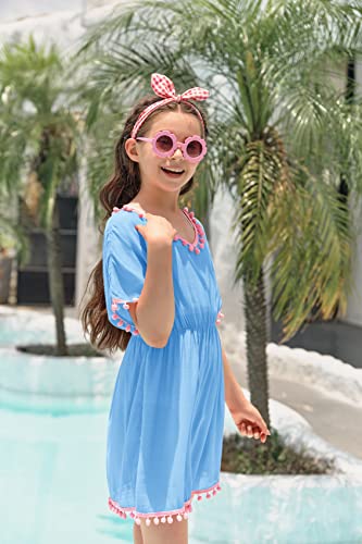 Image of Fommykin Girls Swimsuit Cover Up V Neck Cute Sweet Bikini Tunic Dress | Kids Bathing Suit Cover Up, Elastic Waist, Lightweight Breathable Fabric, Beach Pool Vacation Outfits for Girls 3-14Y