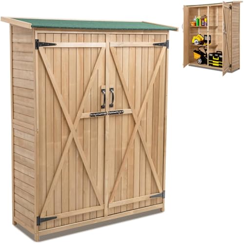 COSTWAY Wooden Garden Shed, Outdoor Tool Storage Cabinet with 3 Shelves, Lockable Double Doors & Asphalt Sloped Roof, Outdoor Utility Shed Organizer, 140 x 50 x 161cm