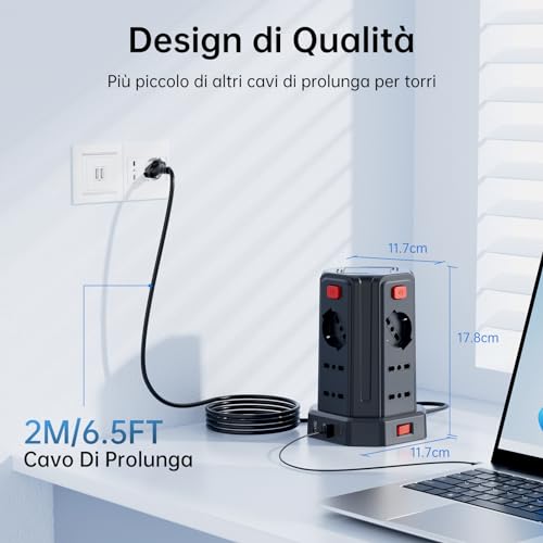 2 Metro Ciabatta Elettrica Multipresa con 12 Prese Universali 10/16A ITA e Schuko e 3 USB A+1 USB C protezione Sovratensione con 4 interruttori indipendenti, Nero - Hub USB - Immagine 2