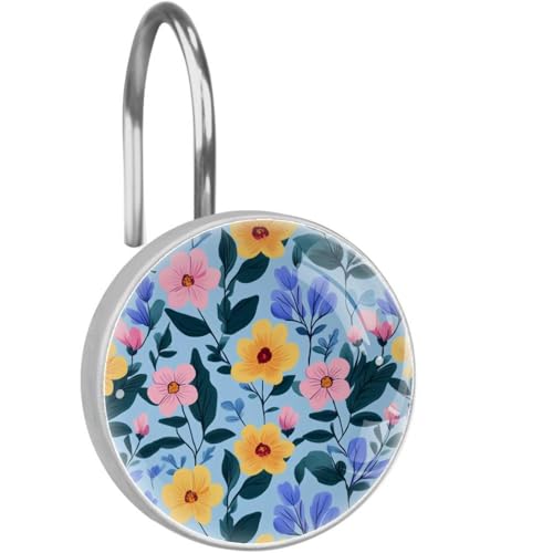 12PCS Decorative Shower Curtain Hooks, Yellow Pink Floral Resin Curtain