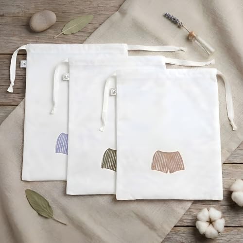 Image of Lingerie Drawstring Bags Set of 3, 15x15 inch, 100% Pure Cotton, Blue Embroidery Pattern Pouch for Underwear, Swimwear, Travel Storage, Washable Beach Bags for Men (White)
