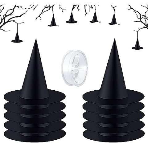 Baicai 10 Pieces Halloween Costume Witch Hat, Halloween Hanging Decorations Black Witch Hat for Halloween Party Yard Decoration, with 100 Yards Hanging Rope Cover