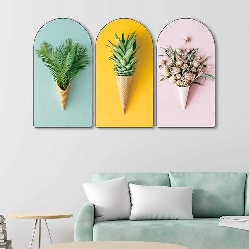 Image of SAF Colorful Flower in Ice Cream Cone Wall Art 3 Panel Set | Modern Abstract Floral Painting on MDF | Fun & Quirky Wall Hanging for Living Room Bedroom Office Cafe Decor (30 x 50 Inch) RPNL-78