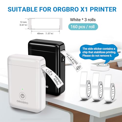 ORGBRO X1 Label Maker Tape, Genuine Thermal Label Print Paper 0.47\"×1.57\"(12×40mm), Standard Laminated Office Labeling Tape Replacement, 160 Tapes/Roll, 3-Roll, White - Thumbnail 2