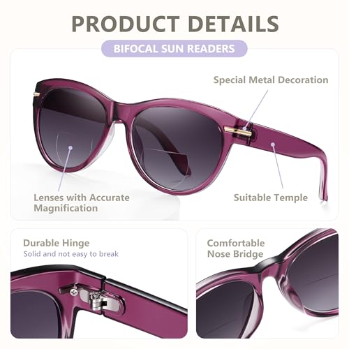 Image of EASY READ 2 Pack Bifocal Reading Sunglasses for Women | Trendy Sunglasses Readers, UV400 Protection,Exquisite Metal Decoration, Great for Reading Outdoors