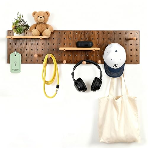 Brown Wood Modular Pegboard Wall Organizer with Hooks