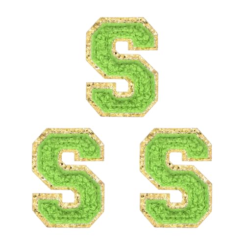 MECCANIXITY 2" Chenille Iron on Letter Patches Green Letter S 3pcs
