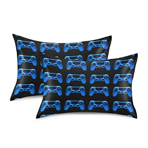 Oyihfvs Video Game Joystick Gamepad In Blue Neon Lights Isolated On Black Silky Satin Pillowcase For Hair And Skin, Soft Bed Pillow Cover, Decorative Silk Pillow Cases, Standard Size 20X26 Inches #TOP1