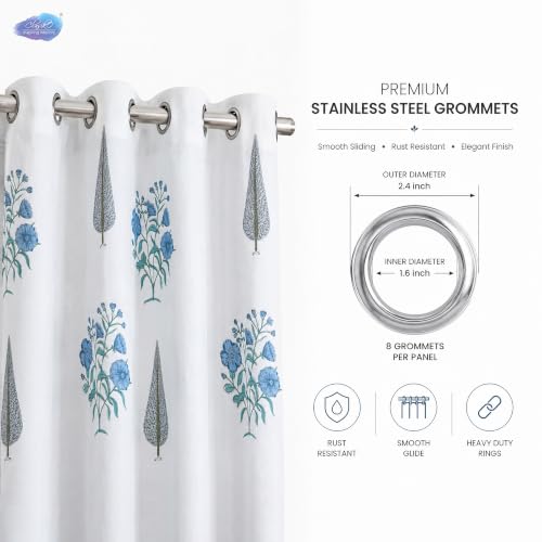Image of Clasiko Block Print Sheer Door Curtains; 40% Light Filtering Linen Textured Curtains with Eyelets & Tieback; Set of 2; 54x60 Inches / 5 Feet; Vintage Bloom