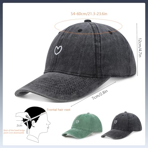 2 Stück Baseballkappe für Herren Damen, Verstellbar Baseball Cap mit Herz, Baumwolle Pferdeschwanz Kappe Vintage Unisex Basecap Sonnenhut Sportkappe für Outdoor Sport Leisure Reisen (Grau Dunkelgrün)