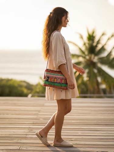 Image of The House of tara Cross Body Sling Bag with Embellishments and Tassels /Trims | Internal Zip Pocket | Jute Crossbody Bag in Multi Colour with Zip Closure | Handmade.