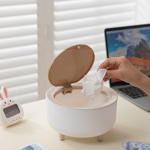 Image of HOKIPO Mini Desktop Trash Can with Lid | Countertop Dustbin for Desk, Bathroom Vanity & Tabletop - Portable Small Wastebasket for Office, Bedroom - White 2L (NEW-AR-6079)
