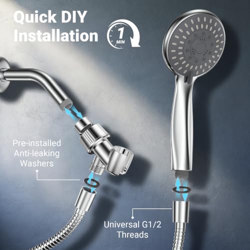 5-Setting High Pressure Handheld Shower Head w/ 59" Stainless Steel Hose (Chrome) - image 7