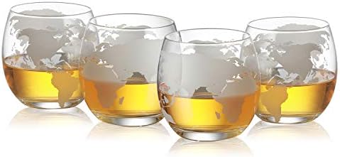 Etched World Globe Glasses 10 oz -Set of 4 by The Wine Savant, Wine, Whiskey, Scotch, Vodka Water or Juice Old Fashion Glasses, World Glasses Etched Globe
