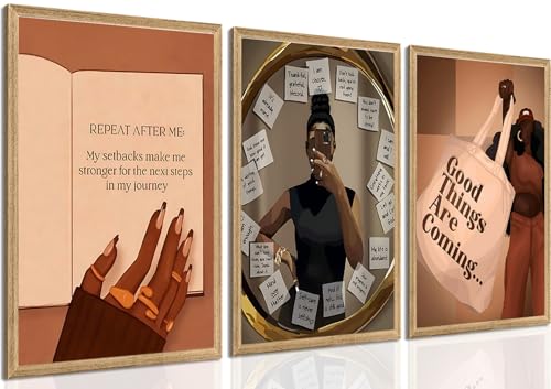 Yudinbin 3pcs Black Girl Poster African American Wall Art Decor Paintings Fashion Abstract Black Woman Poster Canvas Prints Pictures for Living Room Bedroom 12x16 inch Unframed