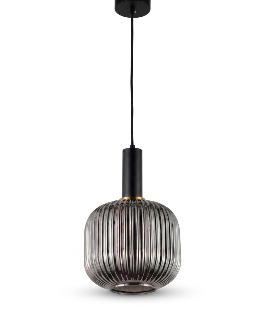 Smoked Ribbed Glass Pendant Light, Matte Black Metal Finish, Modern Contemporary Hanging Lamp for Dining, Kitchen, Bedroom-image-22