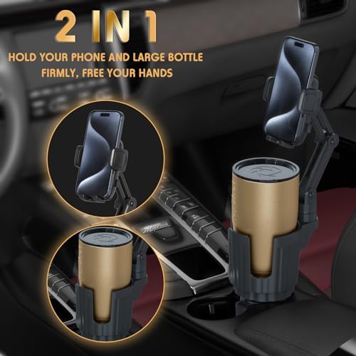 bokilino Phone Holders for Your Car, 2 in 1 Universal Cup Holder Expander Adjustable Base with Phone Mount, Long Arm with 360°Rotation Cup Holder Phones Mount for Car Compatible with All Smartphones - 2