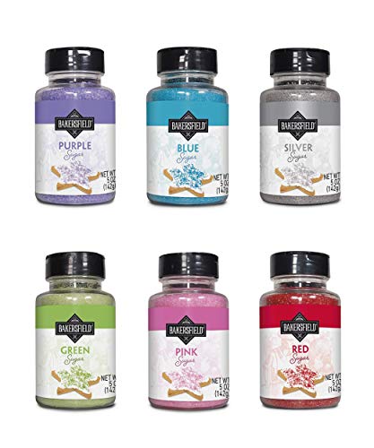 Set 6 Bakersfield Gourmet Colored Sugar Each bottle contains 5 oz - 1 Red, 1 Pink, 1 Blue, 1 Silver, 1 Purple 1 Green.