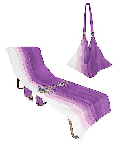 Purple Anchor, Beach Lounge Chair Towel Cover, Soft Chaise Lounge Towel with Side Pockets Patio Pool Chairs Cover for Beach/Pool Sunbathing 29x85 Summer Ocean Sea Abstract Geometric Stripes
