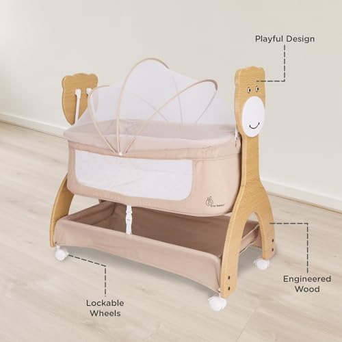 Image of R for Rabbit Lullabies Woodsy 2 in 1 Manual Swing Wooden Cradle Newborn Baby Convertible Cot Bassinet with Mosquito Net, Lockable Wheels & Storage Space for Kids 0-12 Months, Upto 12 Kg (Beige)