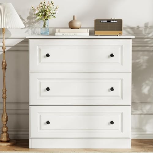 Image of Seeday 3 Drawer Dresser for Bedroom, White Wood Dressers and Chests of Drawers, Wooden Table Top Storage Dresser for Living Room, Hallway, Enterway, Dressing Room