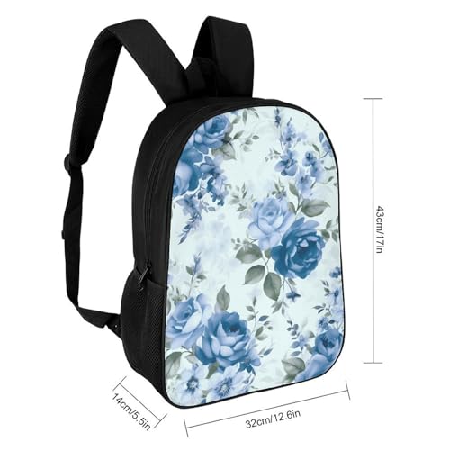 Blue Flower Floral Pattern Roses Backpack - Durable 600D Polyester, 17 Inch Backpack with Ergonomic Adjustable Straps, Lightweight Travel Bag for Men & Women2