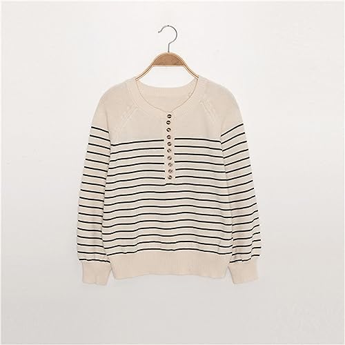 Women Long Puff Sleeve Stripes Sweater O-Neck Buttons All- Fall Winter Female Loose Jumpers3