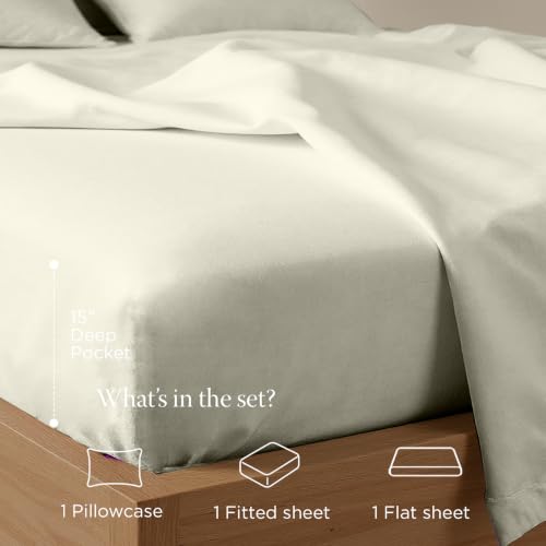 Image of Threadmill 300 Thread Count Cotton Twin XL Sheet Set, Sateen, Solid, Ivory | 100% Cotton, Sateen Weave, 3-Piece Set, 16 inch Deep Pocket, Cooling, Breathable, OEKO-TEX Certified, Machine Washable