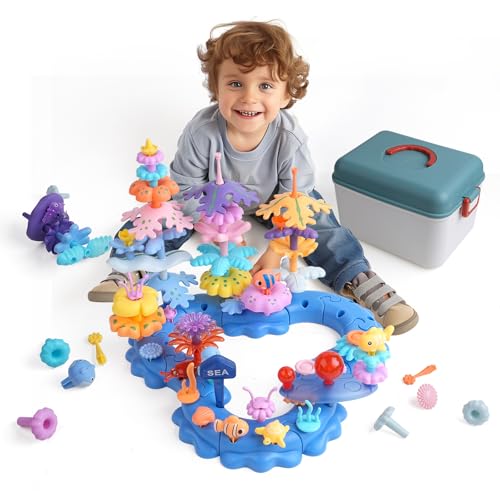 96PCS Ocean Adventures DIY Building Stacking Toys Set,Educational STEM Toy Gift for Kids with Organiser Box,Fun Cognitive Learning Toys for Girls/Boys,Toddler Beach Toy