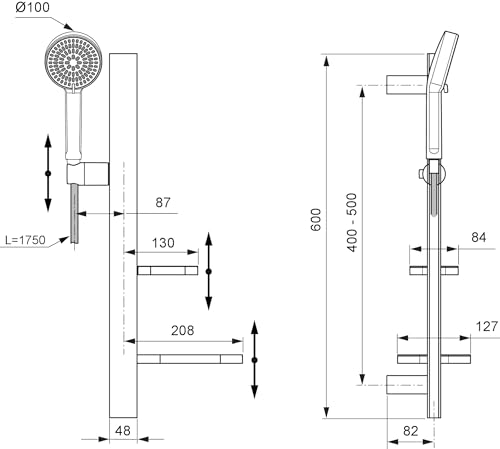 Ideal Standard - Alu+, Asta Doccia In Alluminio Da 60Cm, Saliscendi Con Fissaggi Regolabili E Due Mensole A Libera Installazione, Set Con Doccetta Due Funzioni E Tubo Flessibile Da 1.5Mt., Nero Seta - 7