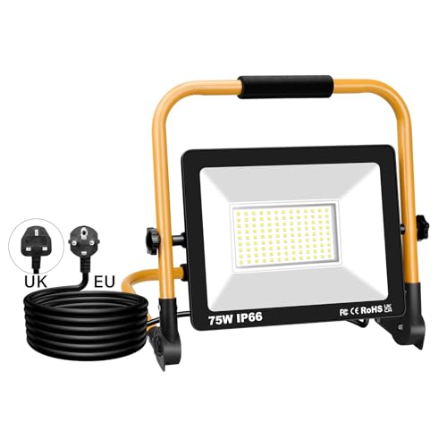 SKYWORLD przenośny reflektor budowlany LED, 75 W, 7500 lm, z wtyczką i kablem sieciowym 3 m, IP6...