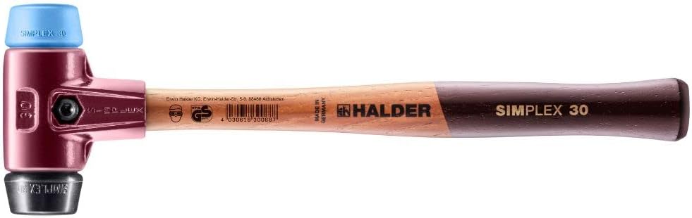 Halder Simplex Mallet 30mm – Dual Faces, TPE-Soft & Hard Rubber Inserts, Cast Iron Housing with Protection Sleeve, Hickory Handle, Tiling, Landscaping & Paving – 3012.030