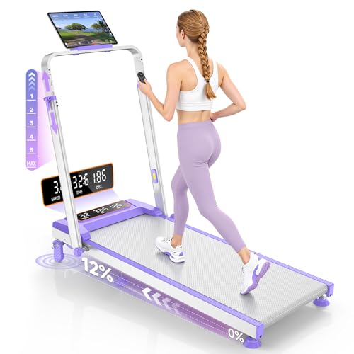 Walking Pad Treadmill with 12% Incline & Adjustable Height, 4 in 1 Walking Pad with Handle Bar, 3.5HP Foldable Under Desk Treadmill, Portable Treadmills for Home 350LBS, APP & Remote Control, Purple by Rayspace - Used condition - US$189.99