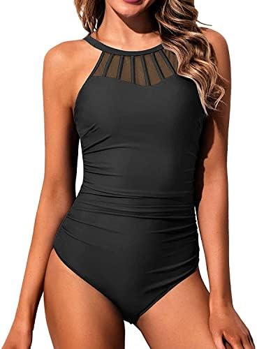 Holipick Solid Black Women High Neck One Piece Swimsuit Tummy Control Halter Slimming Bathing Suit Mesh Swimwear for Teen Girls M(US 8-10)