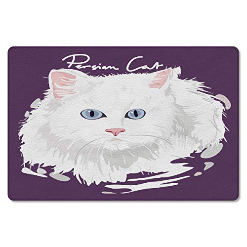 Arnecase Indoor Door Mat Leather Front Door Mat,Cute White Persian Cat With Beard On Purple Background,Easy Clean Patio Entrance Mat Non-Slip Entry Door Rugs For Farmhouse #TOP1