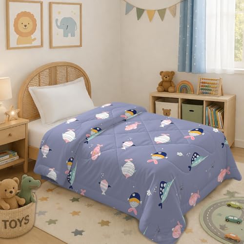 Image of MORADO Glace Cotton AC Comforter /Blanket /Quilt for Single Bed | Soft & Breathable Lightweight AC Quilt | Reversible All Season Bedding Comforter |Size 60x90 Inches,Fish & Grey,Single
